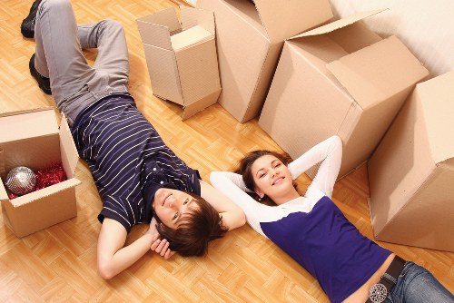 Packed office items ready for a commercial move in Camden