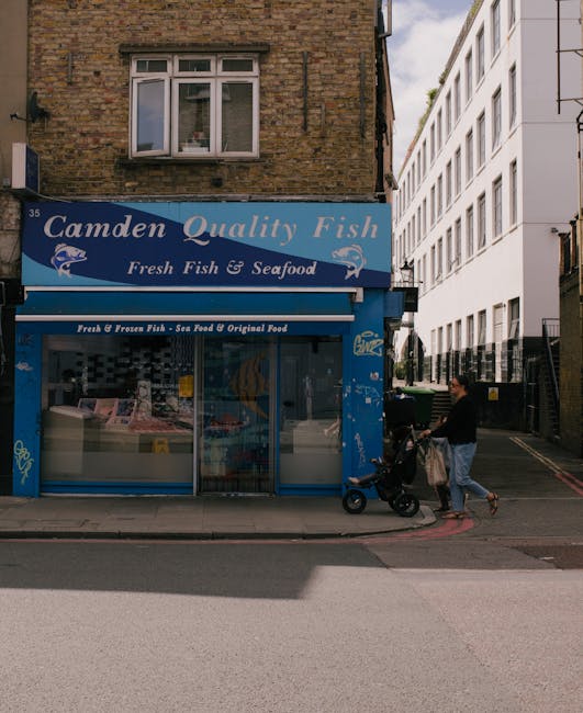 The image shows the storefront of Camden Quality Fish, a seafood shop located at street level in a brick building with a large blue sign displaying the shop's name and logo. The shop's window reveals packaged seafood products inside, and the entrance has a glass door. In front of the shop, a person is walking on the pavement while pushing a small stroller; they are dressed casually and appear to be carrying a bag. The scene takes place during daylight with partly cloudy weather. To the right of the shop, a narrow alleyway leads between buildings, and adjacent structures include a modern white building with multiple windows. The pavement is clean and the street is quiet, with no other pedestrians or vehicles immediately visible. This setting could be part of a home relocation process, where furniture and personal belongings are being transported, with Removal Companies Camden possibly involved in coordinating the moving or furniture transport services for a residential move in Camden, near Chalk Farm to Primrose Hill.